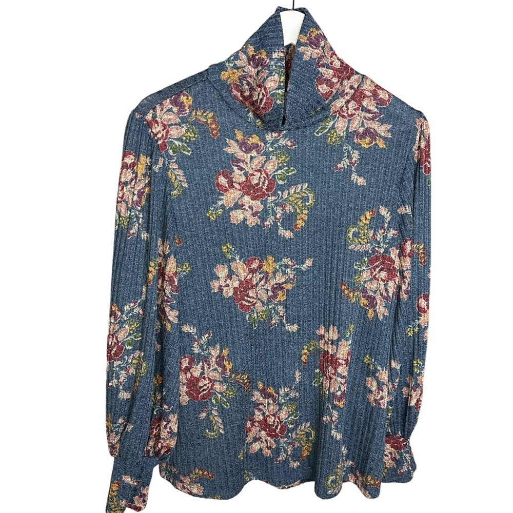 Floral Ribbed Turtleneck High Neck Long Sleeve Blue Top